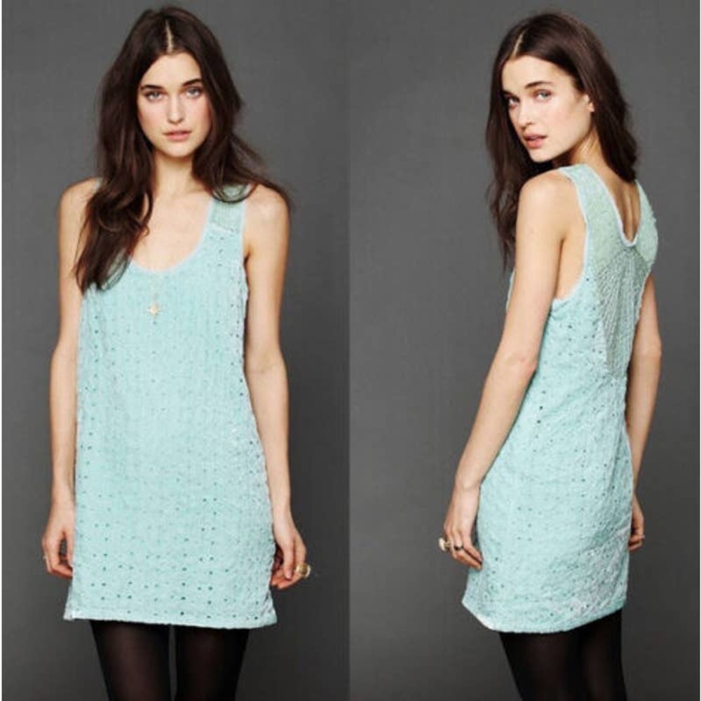 NWT Free People Mint Green Velvet Eyelet Beaded Sleeveless Mini Dress Size Small